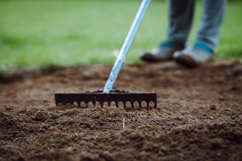 man working on raking the soil